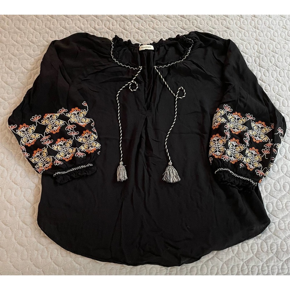 Womens Max Studio Boho Floral Peasant Top Large Black